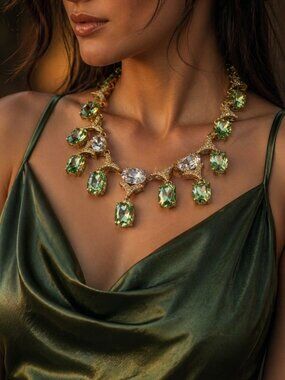 Vintage 60's Arnold Scaasi Cn Signed Gold-Tone Necklace Green Clear Crystals Adj